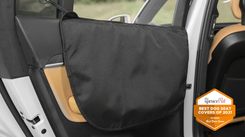 An open car door featuring a black cover, specifically for Premium Car Seat Covers For Dogs.